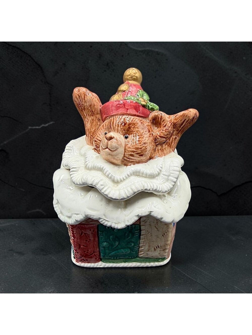 Vintage Fitz & Floyd Christmas Quilt Teddy Bear Sugar Pot 1992 Taiwan - 5"